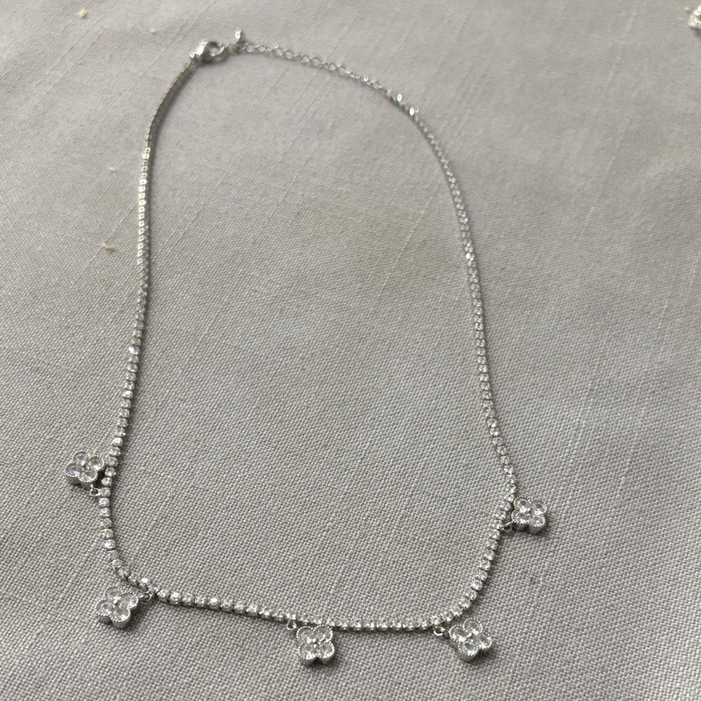 Silver Crystal Flower Drop Necklace - Brand Unspecified